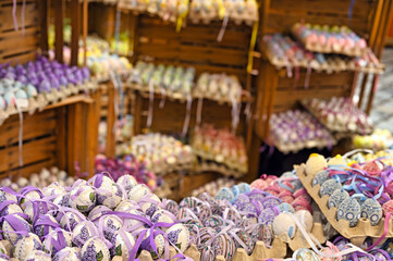 Colorful and painted Easter eggs in An Hof Easter market Vienna