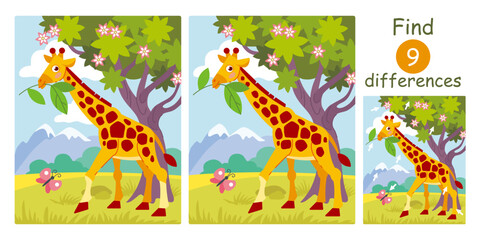 Find differences, education game for children. Cute cartoon giraffe, safari animals. Flat vector savannah illustration. 