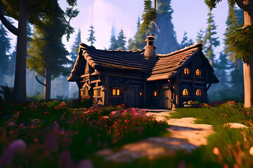 Obraz premium House in the middle of a fairy-tale forest, a very beautiful illustration. Cartoon style.