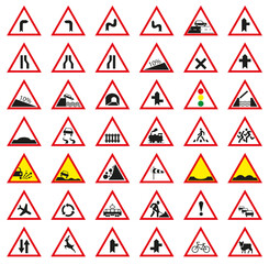 Collection of car and transport symbols warning about traffic. Vector graphics.
