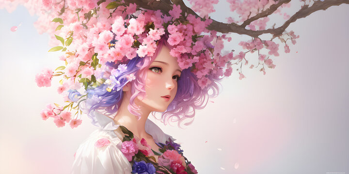 Illustration, a very beautiful girl, against the background of a tree with pink flowers.