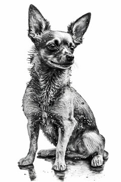 Chihuahua Dog Ink Drawing In Splash of Inked Black and White Animal Intricate Details Artwork generative ai