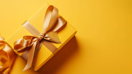 Obraz na płótnie Canvas Gift box with golden satin ribbon and bow on yellow background. Holiday gift with copy space. Birthday or Christmas present, flat lay, top view. Christmas giftbox concept. AI generated.