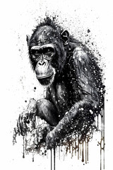 Chimpanzee Ink Drawing In Splash of Inked Black and White Animal Intricate Details Artwork generative ai