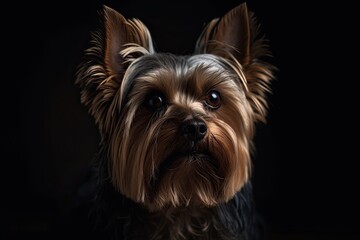 Adorable Yorkshire Terrier Puppy Fluffy Fur Closeup Portrait Against Dark Background: Generative AI