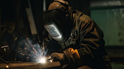 Industrial Welder Working on Steel in Protective Gear: Crafting a Metal Masterpiece in the Workshop: Generative AI