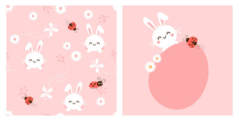 Seamless pattern with Easter bunny rabbit cartoons, cute flower and ladybird cartoons on pink background vector.