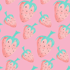 Strawberry pattern with pink background in modern flat design