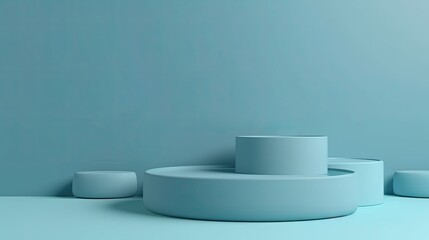 Empty podium, mock up placement display, blank beauty stand for cosmetic product fashion ads on minimal blue color background. Luxury pedestal stage mockup scene platform ai generative concept.