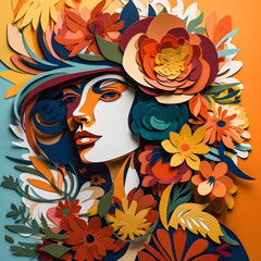 Women with   floral composition paper cut art