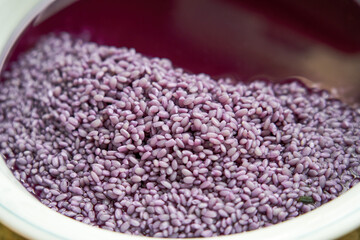 The process of making five-color glutinous rice, a traditional food for the Chinese Ching Ming...