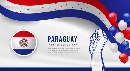Banner illustration of Paraguay independence day celebration with text space. Waving flag and hands clenched. Vector illustration.