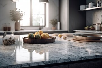 Fototapeta na wymiar Copy space on modern marble kitchen tabletop over blurred modern home kitchen Generative AI