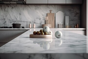 Copy space on modern marble kitchen tabletop over blurred modern home kitchen Generative AI