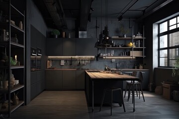 Fototapeta na wymiar Corner view on dark kitchen room interior with grey wall Generative AI