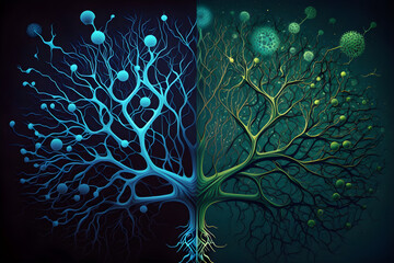 Neural network concept in the form of a brain in green and dark blue colors, Generative AI