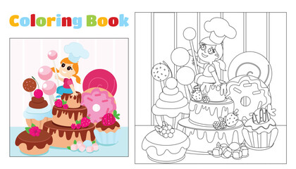 Children's coloring girl in a chef's hat sits near sweets, lollipops and a cake. Coloring page for children ages 4-11 in kindergarten and elementary school. Illustration and black and white outline.