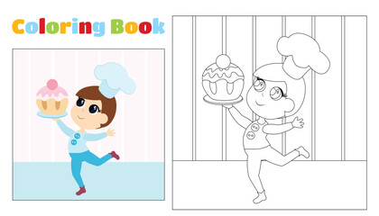 Children's coloring book, a boy in a chef's cap with a sweet cupcake in his hands.