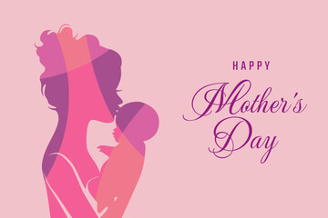 Happy Mother's day design background . Vector banner with silhouette mom and baby, Poster or greeting card with mother day, pink paper hearts and copy space. Symbols of love on white background