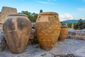 Sunset view of amphoras at the ruins of Knossos palace at Greek island Crete