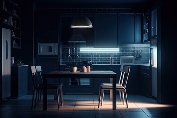 Dark kitchen room interior with four chairs dining table