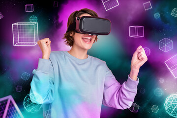 Creative banner poster of high tech game industry developer lady playing game in virtual reality...