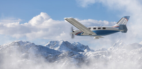 Fototapeta na wymiar Small Airplane flying near Mountains covered in Snow. Adventure 3d Rendering Plane. Canadian Landscape Nature Background. Squamish, BC, Canada.