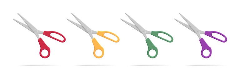 Stationery scissors realistic collection vector illustration. Office cutters with rings handles of different color and sharp blade. Steel grooming equipment