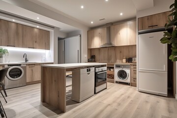 Fototapeta na wymiar Empty beautiful old style modern renovated apartment in 2 floors Canadian house with nice equipped contemporary kitchen with appliances, stove, fridge, washer and dryer Generative AI