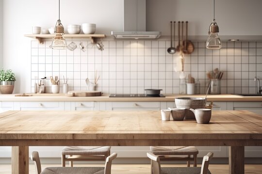 Empty kitchen table top on the background of Scandinavian style kitchen background Generative AI