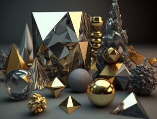 Abstract chaotic geometric background Glossy pyramids and spheres background created with Generative AI technology