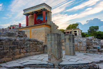 Sunset view of the north entrance to Knossos palace at Greek island Crete