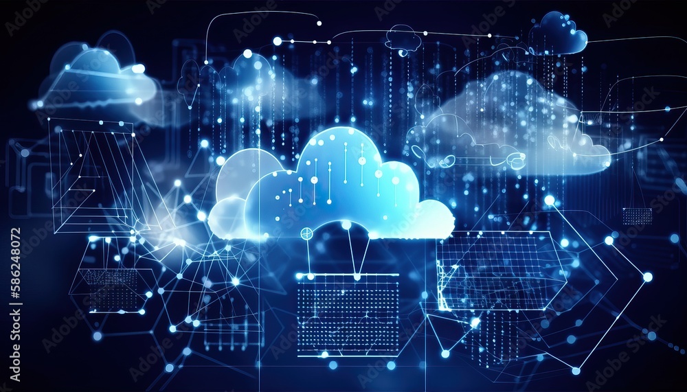Poster smart data exchange technology, data transfer, cloud network connects to internet server of business