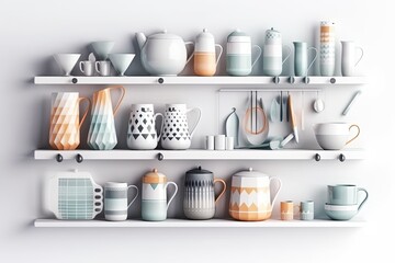 Kitchenware utensils on shelf on white background. Mugs, cups, teapot, tray, decorations. Stylish modern kitchen design concept. Generative AI