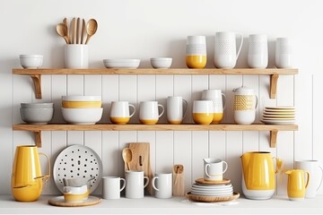 Fototapeta na wymiar Kitchenware utensils on shelf on white background. Mugs, cups, teapot, tray, decorations. Stylish modern kitchen design concept. 