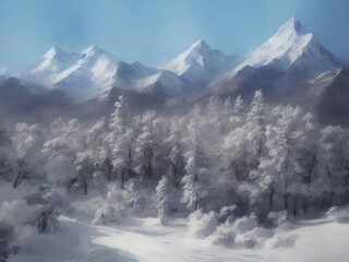 Winter landscape in a painted style, Generative AI