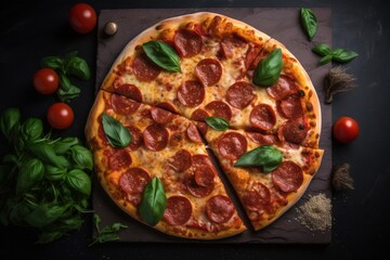 Delicious Salami Pizza on Wooden Table with Decorations