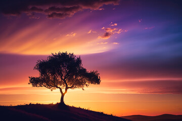 Fototapeta na wymiar A lone tree standing on a hill against a colorful sunset sky - Generative AI
