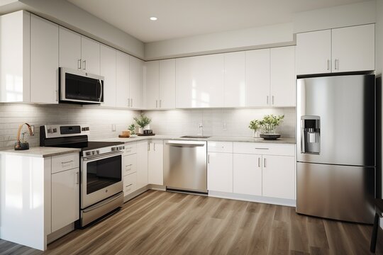 Kitchens in white new, with granite counter-tops, stove and stainless steel refrigerator. Generative AI