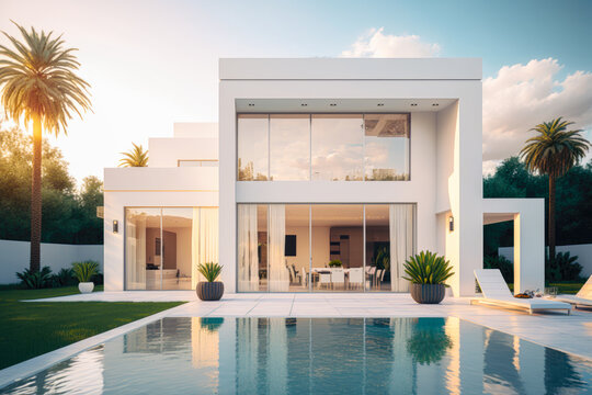 A modern white villa with a swimming pool and palm trees in the front yard, elegant, spacious, sunny, inviting, stylish - Generative AI