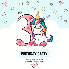 baby card, third birthday party invitation with baby unicorn