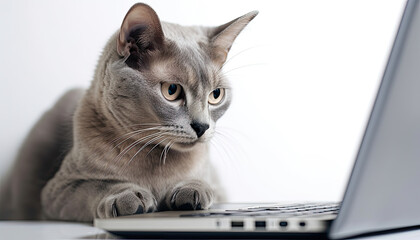 Cat using laptop. Isolated on white. Generative AI