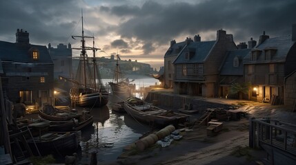 Ancient Briton harbor with old houses and vessels, generative ai