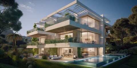 Obraz premium Luxurious residential development with pool, generative ai