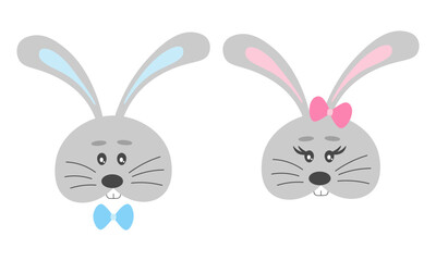 Cute cartoon bunnies' faces. Baby animals theme for Easter or birthday party or baby shower. Vector nursery illustration isolated on white background.