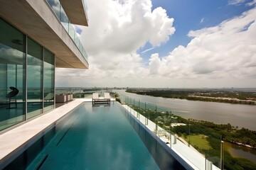 Fototapeta na wymiar penthouse terrace with a swimming pool overlooking Miami, generative AI