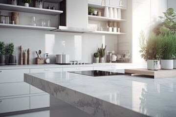 A kitchen sink detail shot with grey cabinets, a white marble countertop and backsplash, and decorations. Generative AI