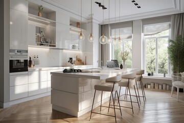 Fototapeta na wymiar Modern White Kitchen in Estate Home Generative AI