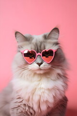 fluffy cat wearing heart sunglasses isolated on a pink studio background, made with generative ai