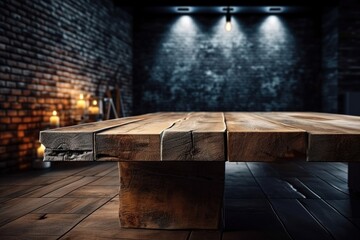 Old wood table with blurred concrete block wall in dark room background. Generative AI